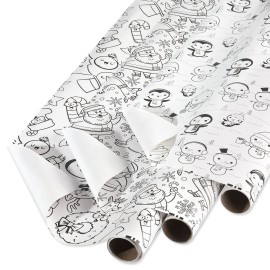 American Greetings Kids Coloring Activity Christmas Wrapping Paper Rolls, Interactive Customizable Holiday Gift Wrap (105 sq. ft., 3 Rolls-40 in. x 12 ft., Cut Lines) Penguins, Santa, Silly Faces