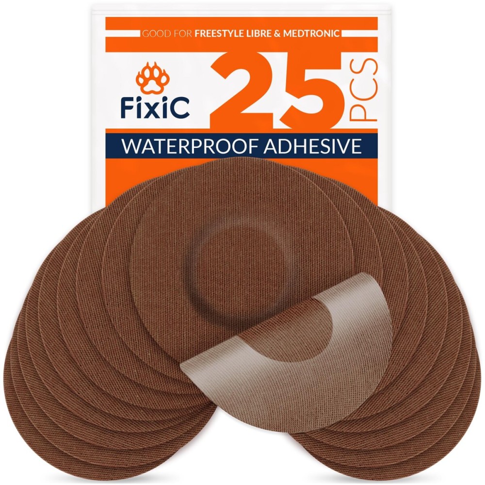 Fixic Freestyle Adhesive Patch 25 PCS - Good for Libre 1, 2, 3 & Plus - Enlite - Guardian - NO Glue in The Center of The Patch - Pre-Cut Back Paper - Long Fixation for Your Sensor! (Coffee)