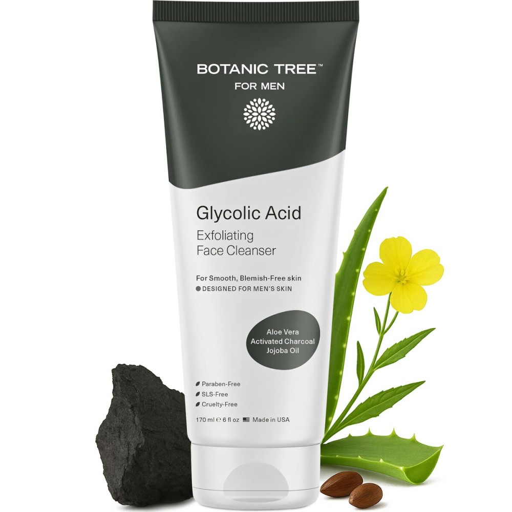 Botanic Tree Glycolic Acid Face Wash for Men - Facial Cleanser, Scrub - 10% Glycolic Acid with Activated Charcoal - 6 fl oz