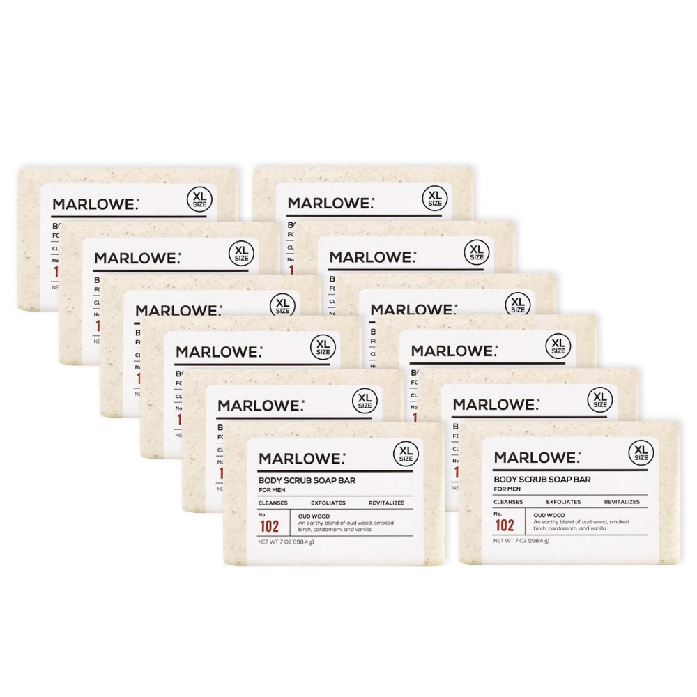 MARLOWE. No. 102 Body Scrub Soap 7 oz (12 Bars), Oud Wood, Exfoliating Soap Bar with Shea Butter, Olive Oil & Green Tea Extracts, Cleanses, Smooths & Revitalizes Skin, Earthy & Smoky Scent
