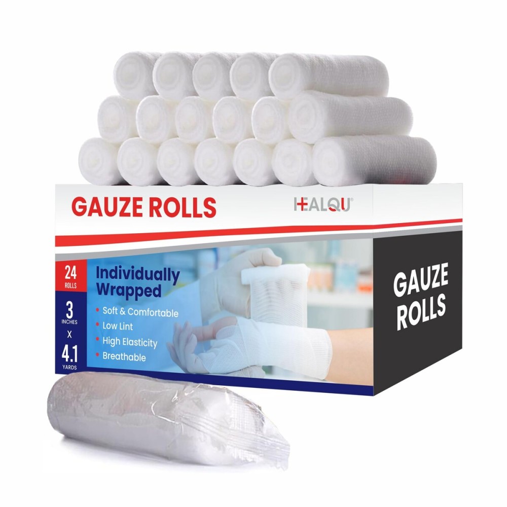 HEALQU Premium Gauze Rolls - 3\' x 4.1 Yards - 24 Rolls, Individually Wrapped Conforming Stretch Gauze Bandage - Super Soft Woven Stretch Bandages for Primary Wound Dressing Support