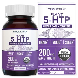 Organic 5-HTP - 200 mg | 99% 5HTP Concentration, Plus Cofactor Vitamin B6 & Lions Mane | Water Extracted from Organic Griffonia Seeds | Supports Mood, Cognition & Sleep (60 Capsules | 30 Servings)