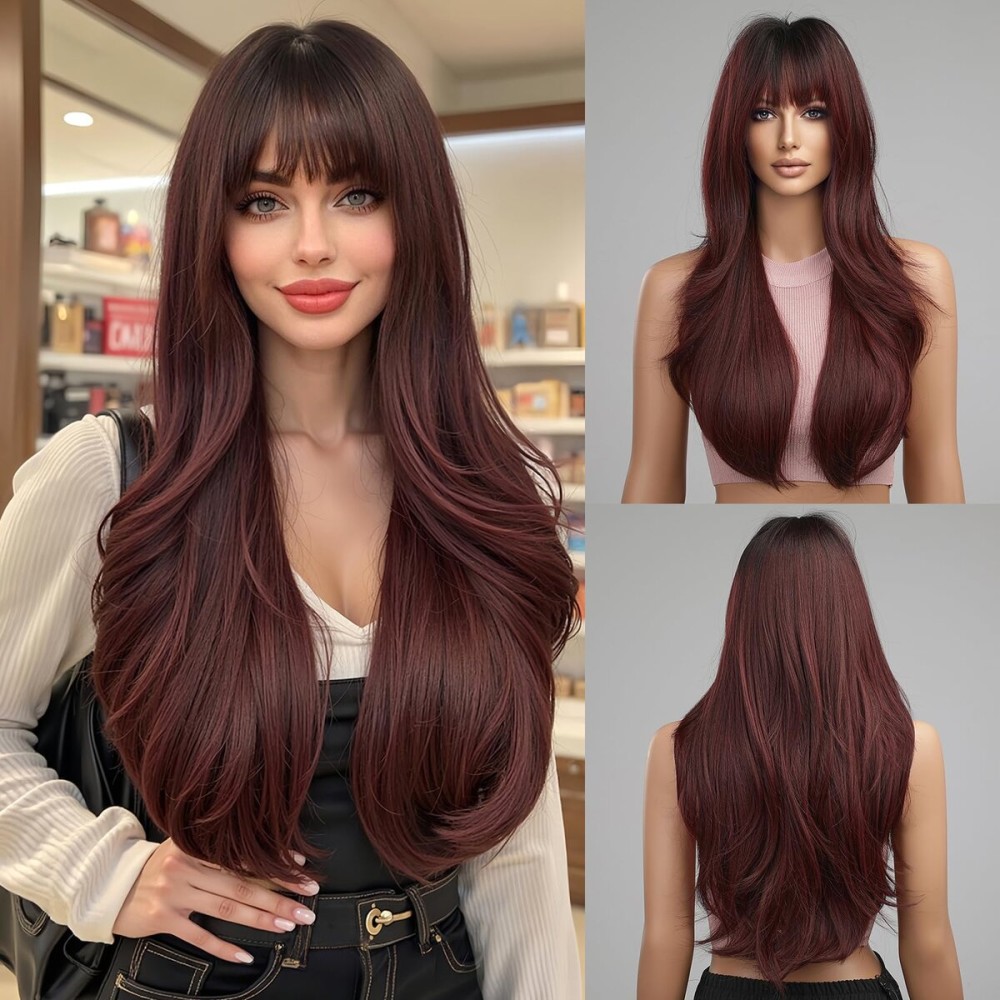 Esmee Long Ombre Red Wigs for Women Natuaral Synthetic Wavy Curly Hair Burgundy Wig with Fringe for Daily Party Cosplay Use-24 Inches