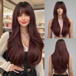 Esmee Long Ombre Red Wigs for Women Natuaral Synthetic Wavy Curly Hair Burgundy Wig with Fringe for Daily Party Cosplay Use-24 Inches