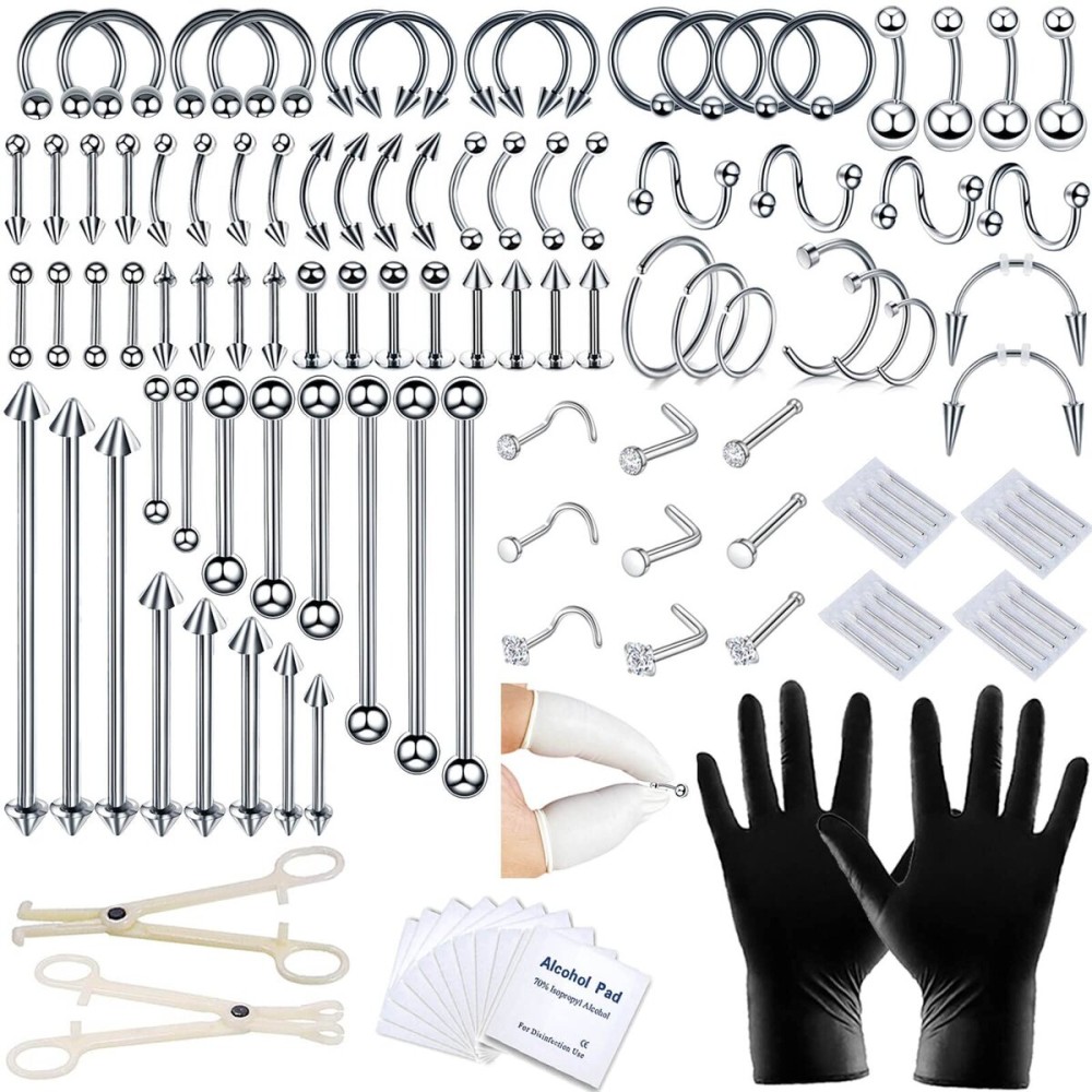 120PCS Body Piercing Kit Nose Stud Piercing Kits for All Body Piercings Stainless Steel Jewelry with 12G 14G 16G Piercing Needles for Ear Cartilage Tragus Nose Septum Lip Nipple Belly Button