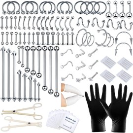 120PCS Body Piercing Kit Nose Stud Piercing Kits for All Body Piercings Stainless Steel Jewelry with 12G 14G 16G Piercing Needles for Ear Cartilage Tragus Nose Septum Lip Nipple Belly Button