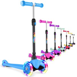 BELEEV A1 Scooter for Kids Ages 2-6, 3 Wheel Folding Scooter for Toddlers Girls Boys, PU Light-Up Wheels, 4 Adjustable Height, Lean to Steer, Non-Slip Deck, Kick Scooter for Children (Blue)