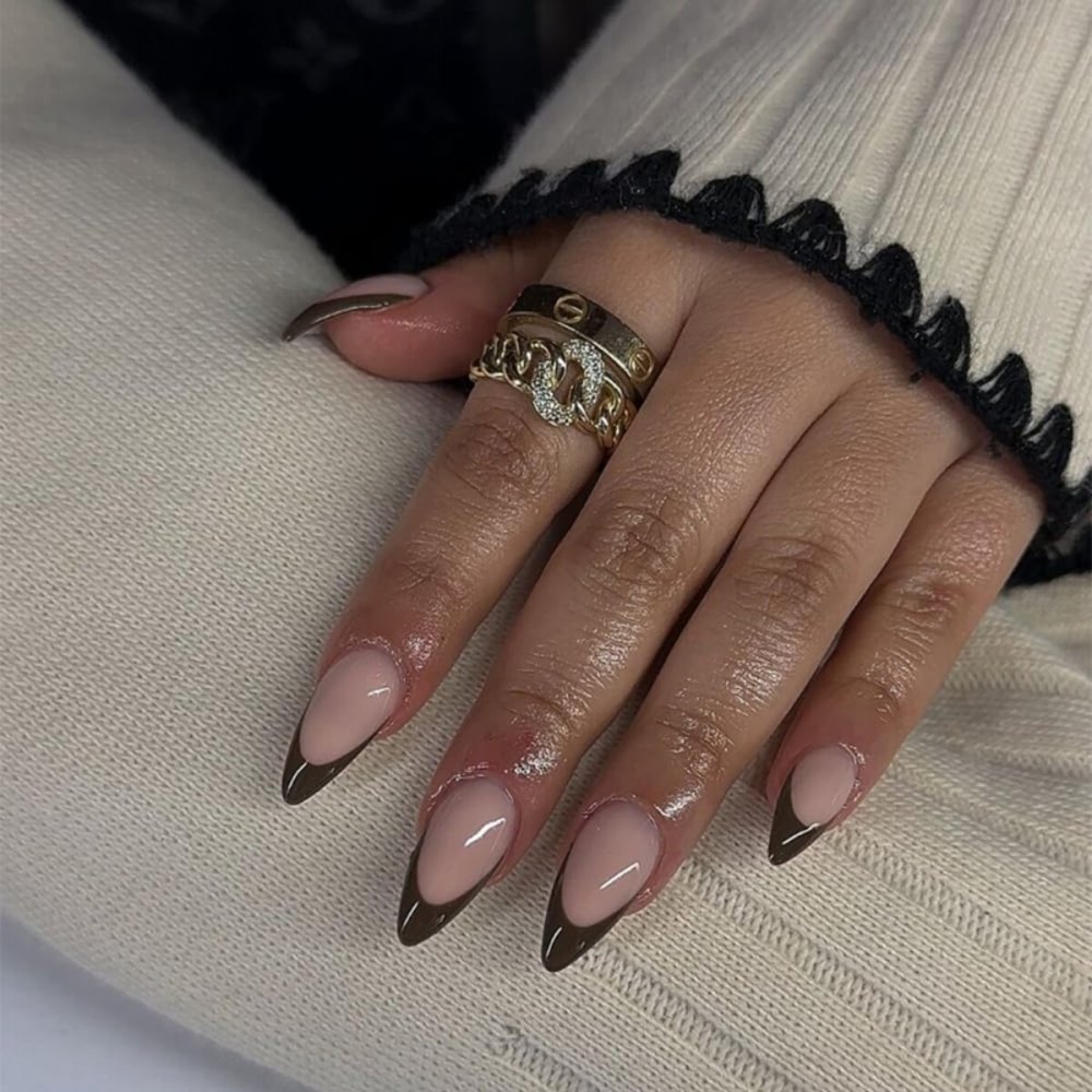 Brown French Tip Press on Nails Short Almond Nails Press ons French Tip Glue on Nails for Women DIY Acrylic French Nails Short Gel Nails, Natural Thick Extra Short French Fake Nails 30Pcs 15 Sizes