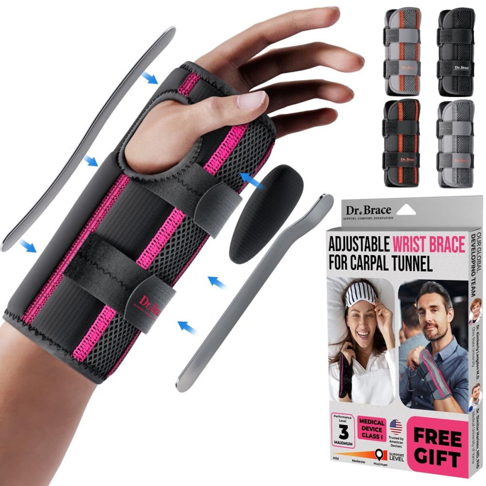DR. BRACE Adjustable Wrist Brace Night Support for Carpal Tunnel, Doctor Developed, Upgraded with Double Splint & Therapeutic Cushion,Hand Brace for Pain Relief,Injuries,Sprains (L/XL Left Hand, Black-Pink)