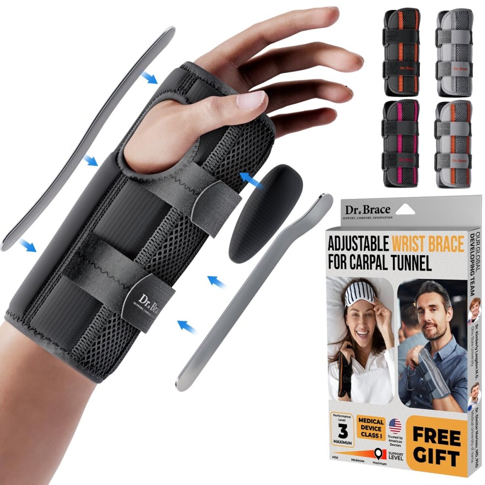 DR. BRACE Adjustable Wrist Brace Night Support for Carpal Tunnel, Doctor Developed, Upgraded with Double Splint & Therapeutic Cushion,Hand Brace for Pain Relief,Injuries,Sprains (S/M Right Hand, Black)