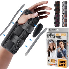 DR. BRACE Adjustable Wrist Brace Night Support for Carpal Tunnel, Doctor Developed, Upgraded with Double Splint & Therapeutic Cushion,Hand Brace for Pain Relief,Injuries,Sprains (S/M Right Hand, Black)
