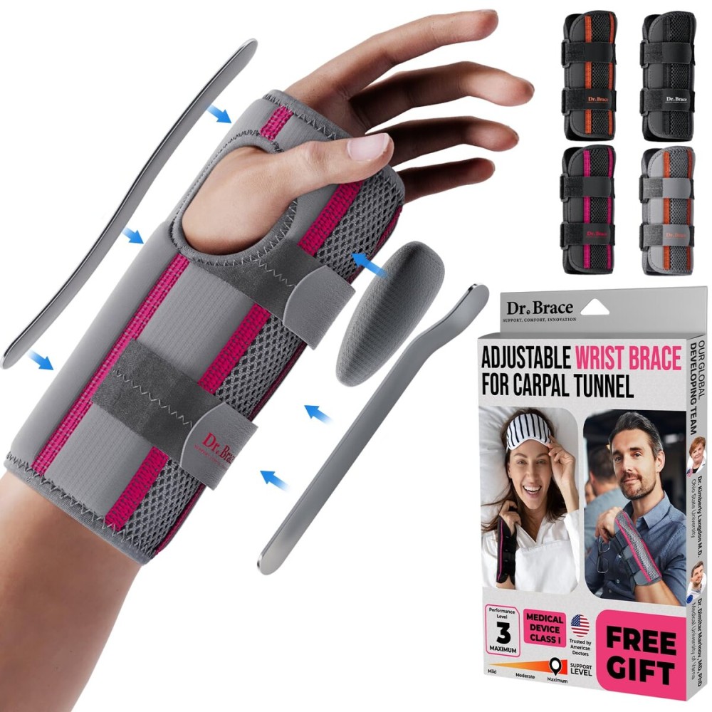 DR. BRACE Adjustable Wrist Brace Night Support for Carpal Tunnel, Doctor Developed, Upgraded with Double Splint & Therapeutic Cushion,Hand Brace for Pain Relief,Injuries,Sprains (S/M Left Hand, Grey-Pink)