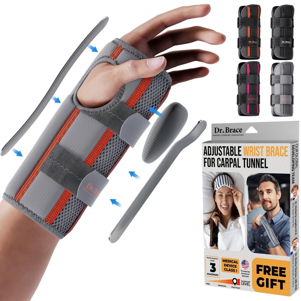 DR. BRACE Adjustable Wrist Brace Night Support for Carpal Tunnel, Doctor Developed, Upgraded with Double Splint & Therapeutic Cushion,Hand Brace for Pain Relief,Injuries,Sprains (S/M Right Hand, Grey-Orange)