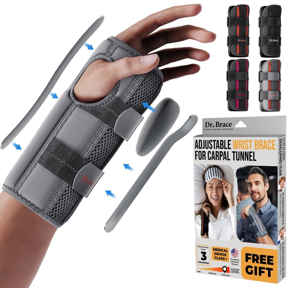 DR. BRACE Adjustable Wrist Brace Night Support for Carpal Tunnel, Doctor Developed, Upgraded with Double Splint & Therapeutic Cushion,Hand Brace for Pain Relief,Injuries,Sprains (L/XL Left Hand, Grey)