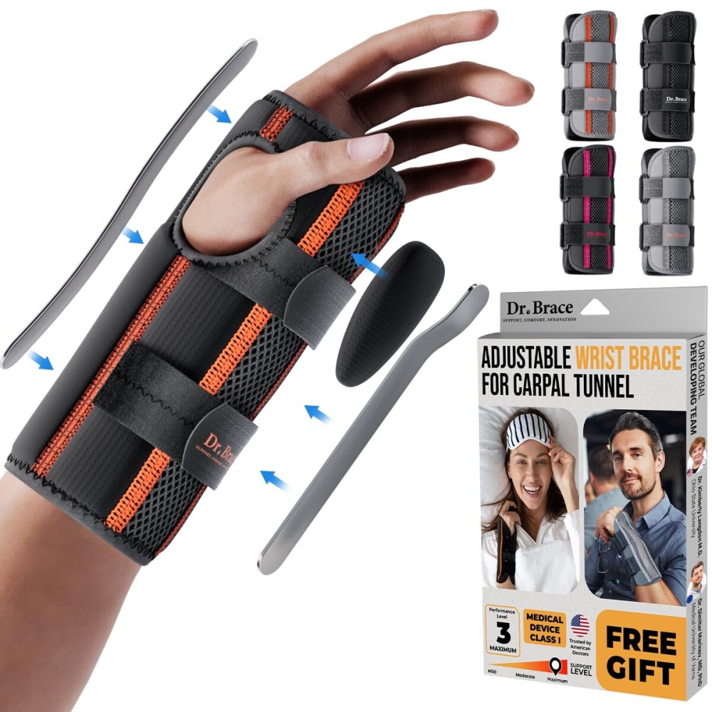 DR. BRACE Adjustable Wrist Brace Night Support for Carpal Tunnel, Doctor Developed, Upgraded with Double Splint & Therapeutic Cushion,Hand Brace for Pain Relief,Injuries,Sprains (L/XL Left Hand, Black-Orange)