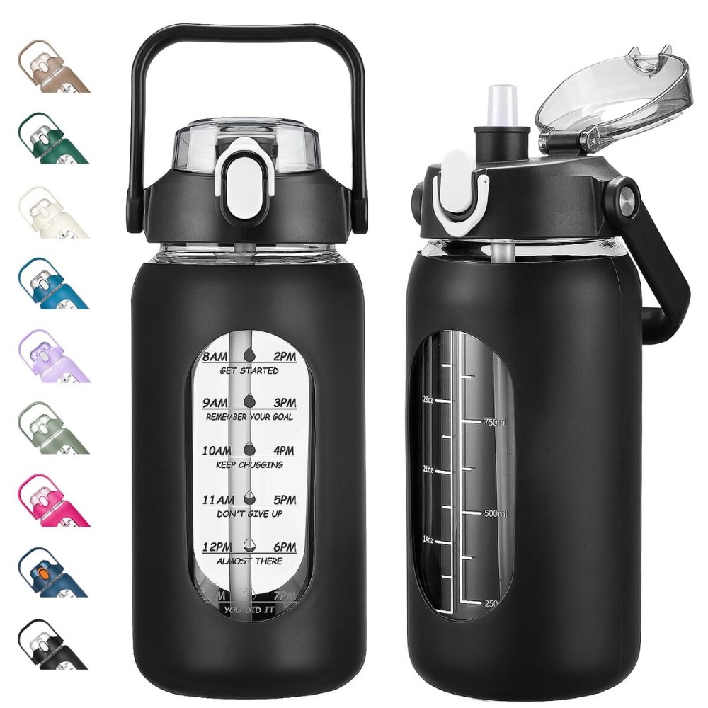 kytffu 42oz Glass Water Bottles with Straw, Motivational Glass Bottle with Silicone Sleeve and Time Marker, Leakproof Large Glass Water Jug for Gym Home Office,Black