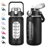 kytffu 42oz Glass Water Bottles with Straw, Motivational Glass Bottle with Silicone Sleeve and Time Marker, Leakproof Large Glass Water Jug for Gym Home Office,Black