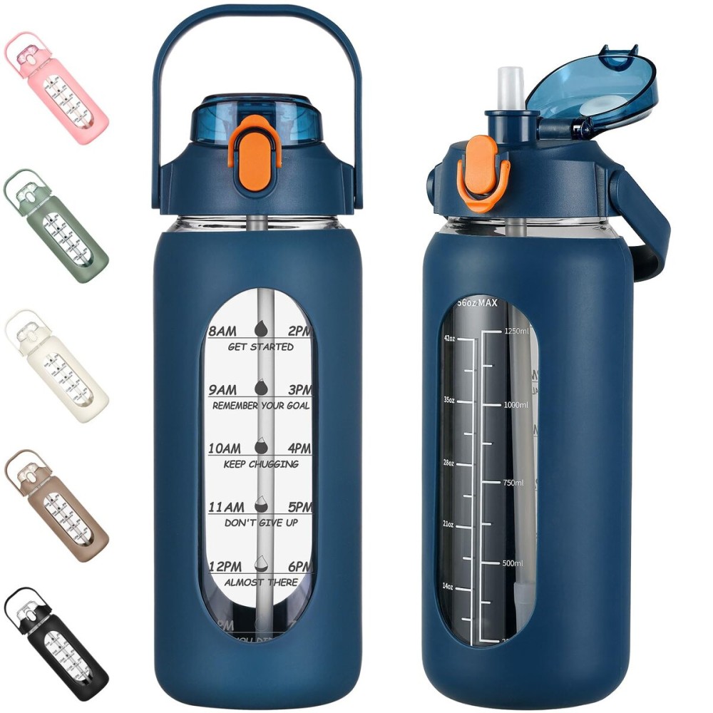 kytffu 56oz Glass Water Bottles with Straw, Motivational Glass Bottle with Silicone Sleeve and Time Marker, Leakproof Large Glass Water Jug for Gym Home Office,Blue
