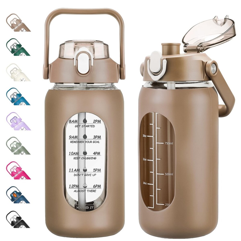 kytffu 42oz Glass Water Bottles with Straw, Motivational Glass Bottle with Silicone Sleeve and Time Marker, Leakproof Large Glass Water Jug for Gym Home Office,Amber