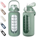 kytffu 64oz Glass Water Bottles with Straw, Half Gallon Motivational Glass Bottle with Silicone Sleeve and Time Marker, 2L Leakproof Large Glass Water Jug for Gym Home Office,olive