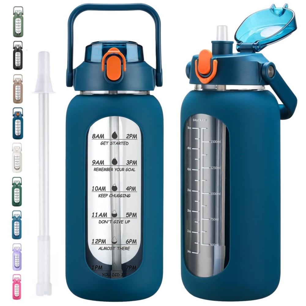 kytffu 64oz Glass Water Bottles with Straw, Half Gallon Motivational Glass Bottle with Silicone Sleeve and Time Marker, 2L Leakproof Large Glass Water Jug for Gym Home Office,Blue