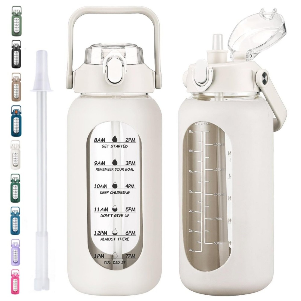 kytffu 64oz Glass Water Bottles with Straw, Half Gallon Motivational Glass Bottle with Silicone Sleeve and Time Marker, 2L Leakproof Large Glass Water Jug for Gym Home Office,White