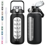 kytffu 64oz Glass Water Bottles with Straw, Half Gallon Motivational Glass Bottle with Silicone Sleeve and Time Marker, 2L Leakproof Large Glass Water Jug for Gym Home Office,Black