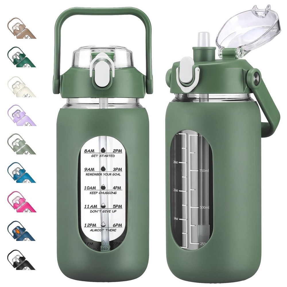 kytffu 42oz Glass Water Bottles with Straw, Motivational Glass Bottle with Silicone Sleeve and Time Marker, Leakproof Large Glass Water Jug for Gym Home Office,Olive