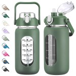 kytffu 42oz Glass Water Bottles with Straw, Motivational Glass Bottle with Silicone Sleeve and Time Marker, Leakproof Large Glass Water Jug for Gym Home Office,Olive