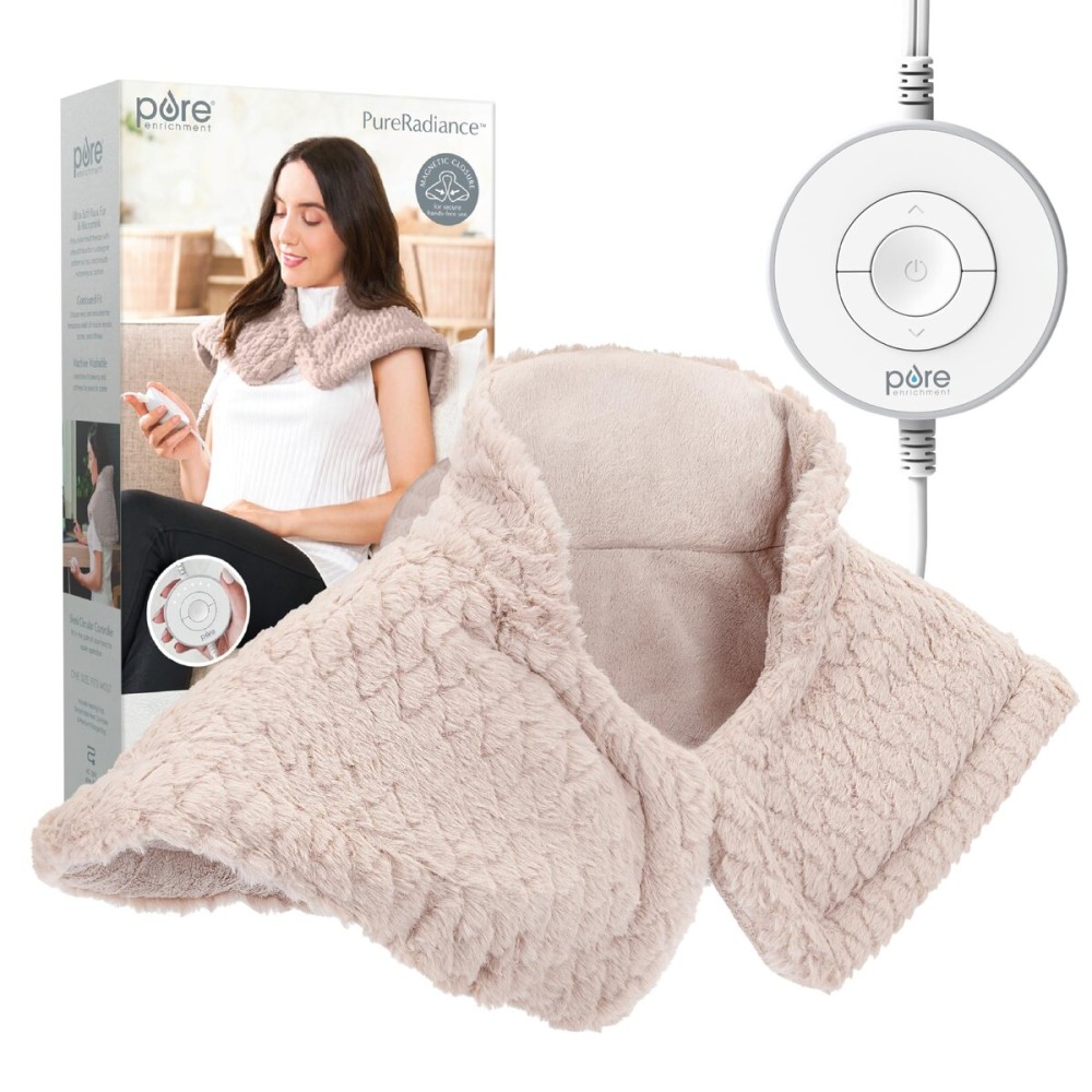 Pure Enrichment PureRadiance Neck & Shoulder Luxury Heating Pad for Pain Relief, Patented Design, Soft Faux Fur & Micromink, 6 Heat Settings, Machine Washable, Universal Fit, 16 x 22 (Rose Quartz)
