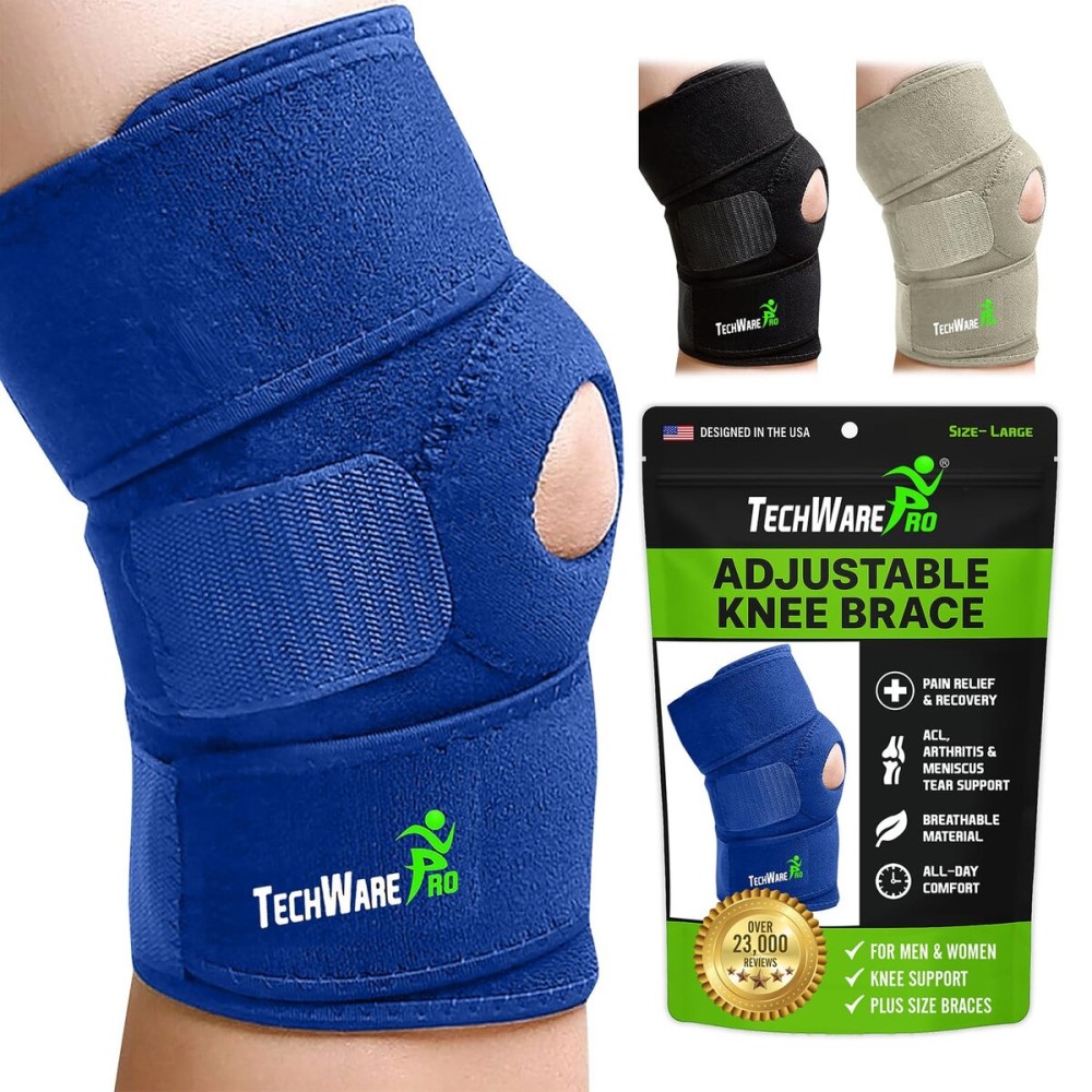TechWare Pro Knee Brace Support - Relieves ACL, LCL, MCL, Meniscus Tear, Arthritis, Tendonitis Pain. Open Patella Dual Stabilizers Non Slip Comfort Neoprene. Blue Large