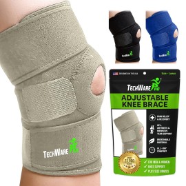 TechWare Pro Knee Brace Support - Relieves ACL, LCL, MCL, Meniscus Tear, Arthritis, Tendonitis Pain. Open Patella Dual Stabilizers Non Slip Comfort Neoprene. Gray Large