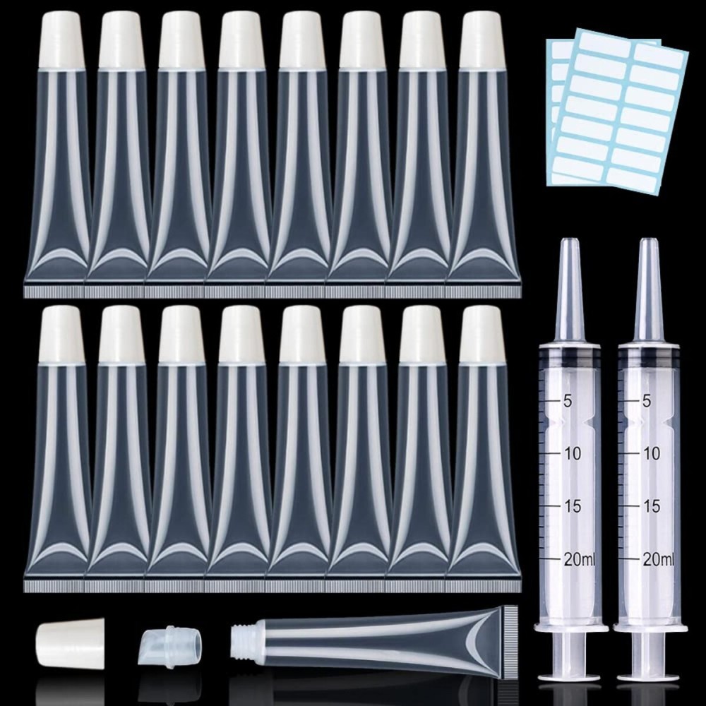AMORIX 50PCS Lip Gloss Tubes 20ml White Cap Lip Gloss Containers Empty Refillable Cosmetic Squeeze Lipgloss Tubes + 2 x 20ml Syringes Tag Labels for DIY Lip Gloss Base Glitter