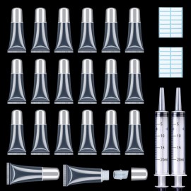 AMORIX 50PCS Lip Gloss Tubes 5ml Silver Cap Lip Gloss Containers Empty Lip Balm Tubes Refillable Cosmetic Squeeze Lipgloss Tubes + 2 x 20ml Syringes Tag Labels for DIY Lip Gloss Base Glitter