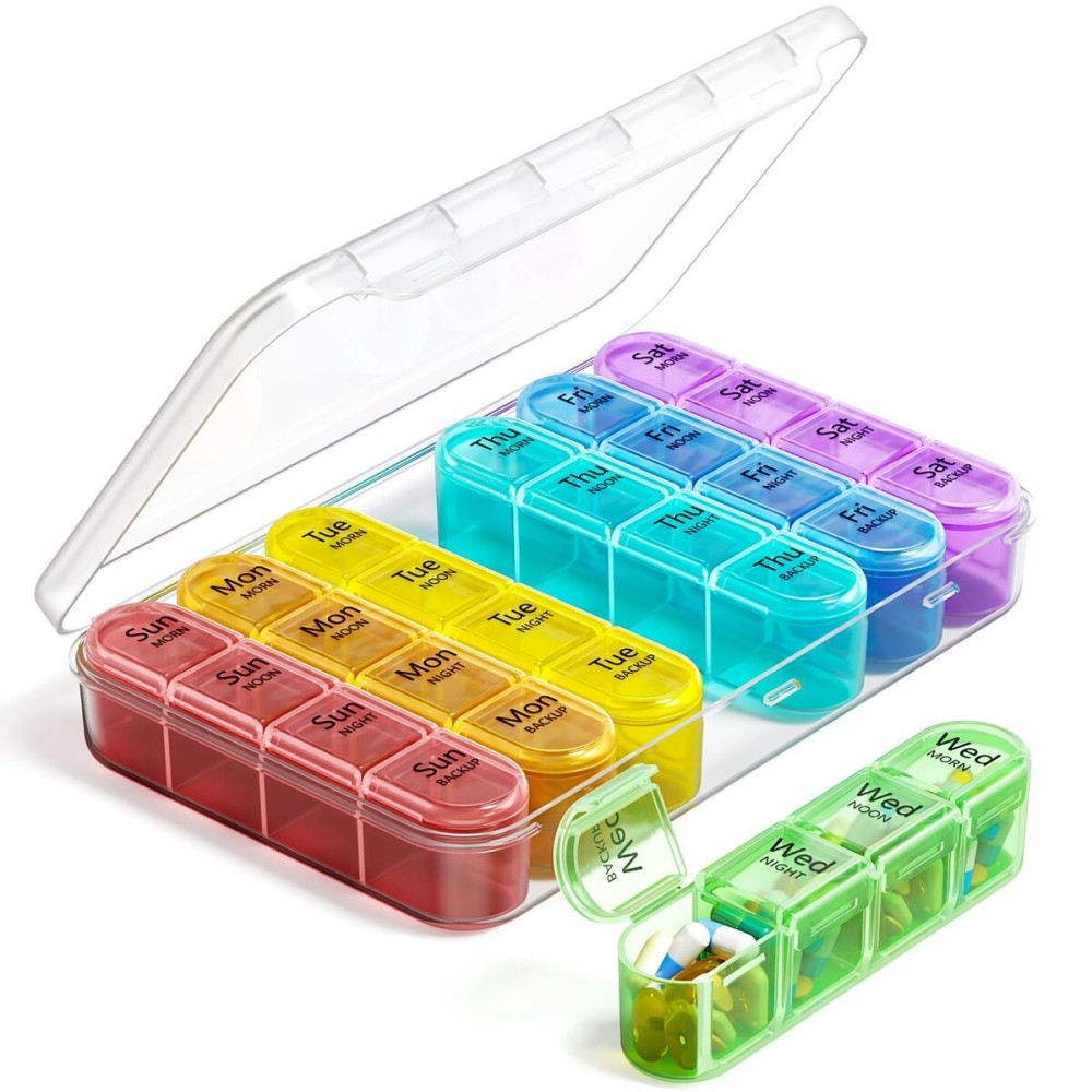Odaro Weekly Pill Organizer 4 Times a Day, Daily Pill Box 7 Day, Large Travel Pill Case with 28 Compartment to Hold Medicine, Vitamin and Supplement - White Case