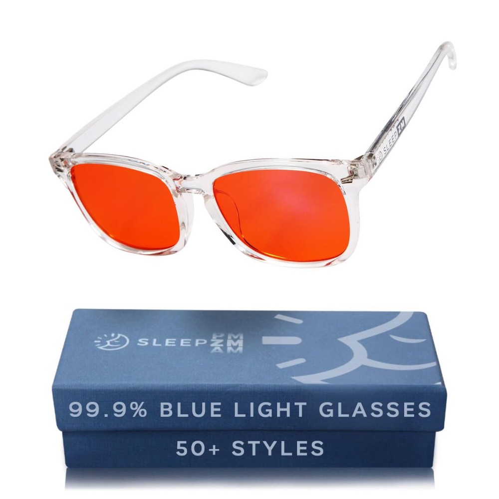 Sleep ZM Blue Light Blocking Glasses for Women + Men - Better Sleep + Anti Eye Strain Protection - Computer Screens & Gaming - Crystal Wayfarer - 99% Night-time Amber Lens