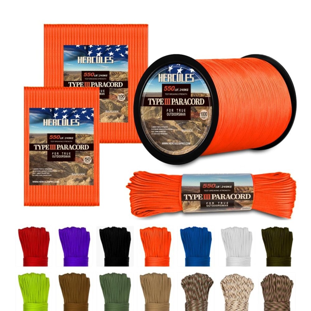 HERCULES Type III Paracord 550 Paracord Rope Parachute Cord, 250\' Neon Orange for Camping Cord, Survival Rope