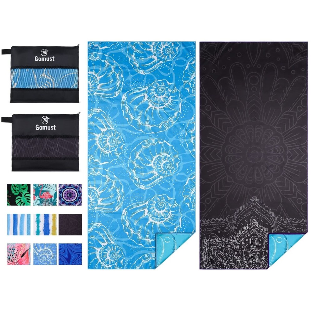 2 Pack Lightweight Thin Beach Towel Oversized 71x32 Big Extra Large Microfiber Sand Free Towels for Adult Quick Dry Travel Camping Beach Accessories Vacation Essential Gift Black Mandala Blue Shell