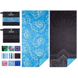 2 Pack Lightweight Thin Beach Towel Oversized 71x32 Big Extra Large Microfiber Sand Free Towels for Adult Quick Dry Travel Camping Beach Accessories Vacation Essential Gift Black Mandala Blue Shell