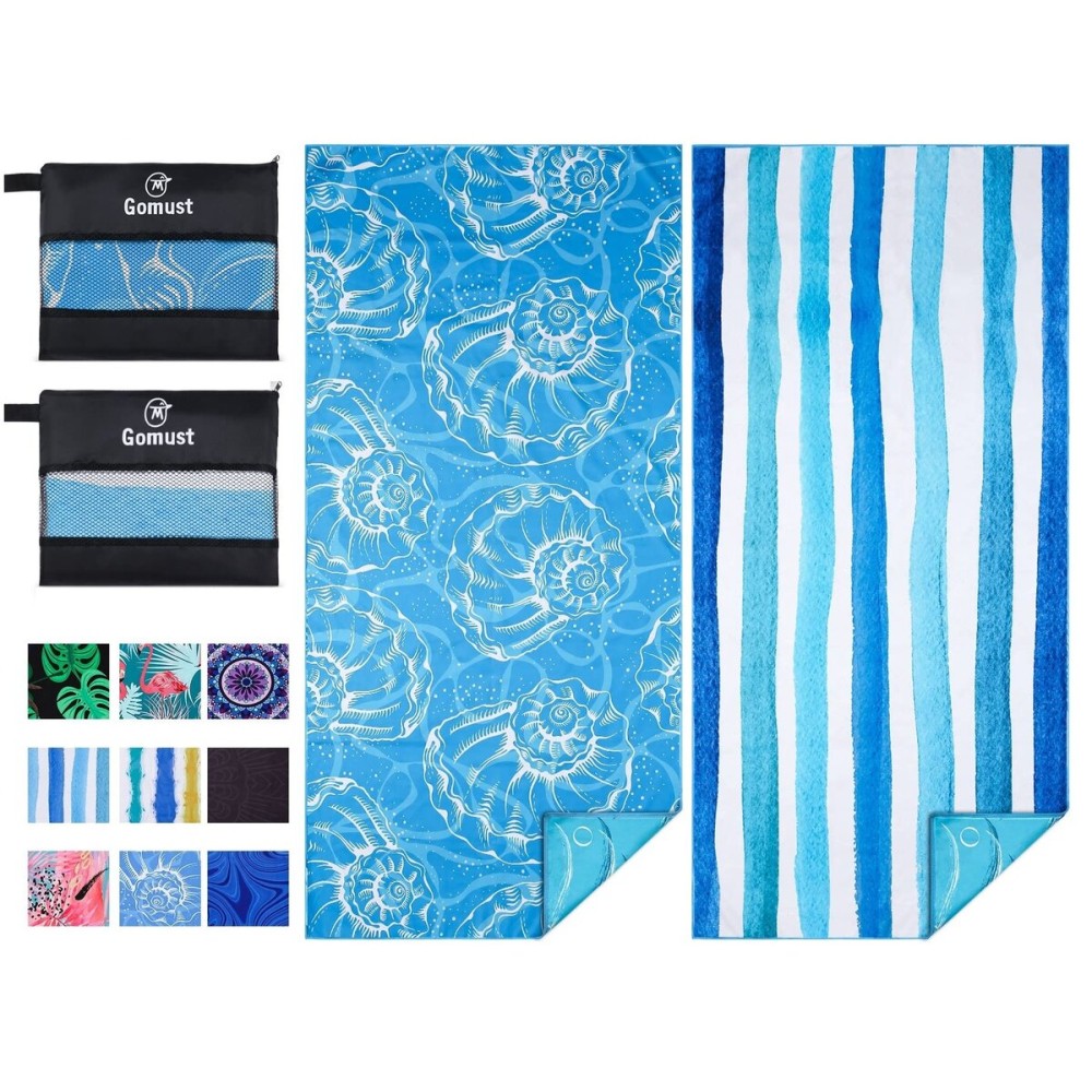 Gomust 2 Pack Lightweight Thin Beach Towel Oversized 71x32 Big Extra Large Microfiber Sand Free Towels for Adult Quick Dry Travel Camping Beach Accessories Vacation Essential Gift Blue Shell Stripe