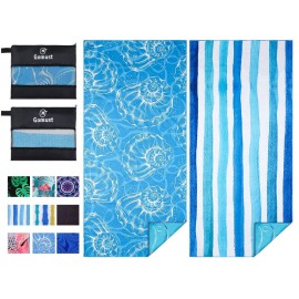 Gomust 2 Pack Lightweight Thin Beach Towel Oversized 71x32 Big Extra Large Microfiber Sand Free Towels for Adult Quick Dry Travel Camping Beach Accessories Vacation Essential Gift Blue Shell Stripe