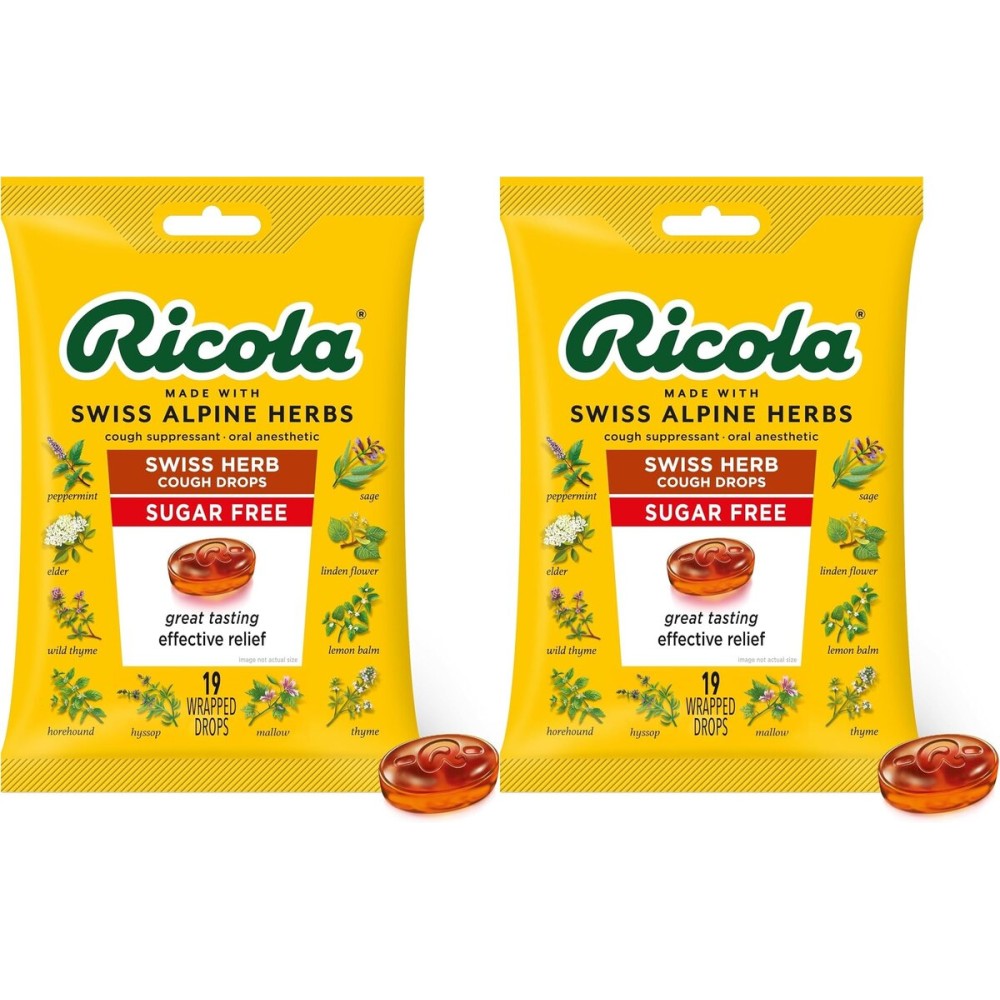 Ricola Sugar Free Original Natural Herb Cough Drops, 19 Count, Cough Suppressant & Throat Relieving Drops with Naturally Sourced Menthol - Pack of 2