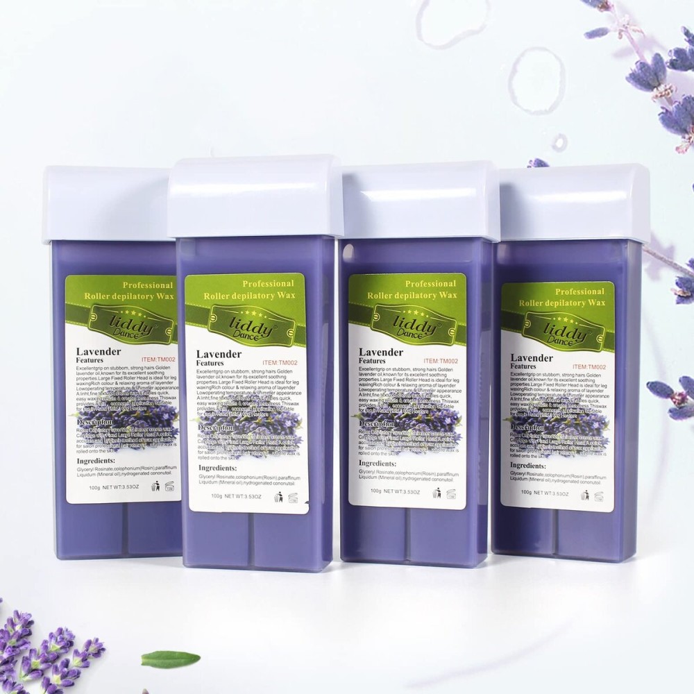 Liddy Dance Hair Removal Wax, Lavender Roll-on Wax, Waxing Kit Refill Wax Cartridge, 4 Pack, Soft Wax for Women, Sensitive Skin, Legs, Arms, Bikini Area, Brazilian Waxing