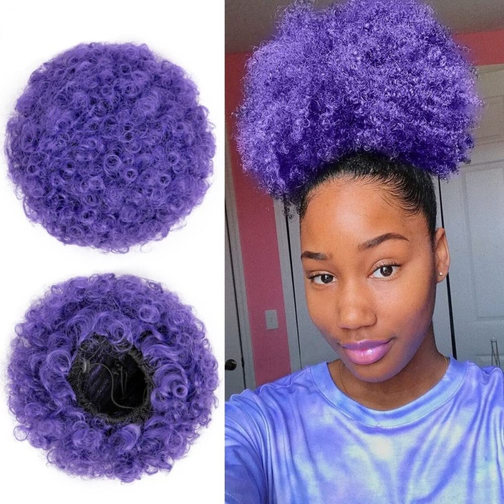 rosmile Afro Puff Drawstring Ponytail Extension for Black Women, Premium Purple 80 Gram Short Synthetic Afro Puff Ponytail for Natural Hair, Clip on Kinky Drawstring Curly Ponytail Bun