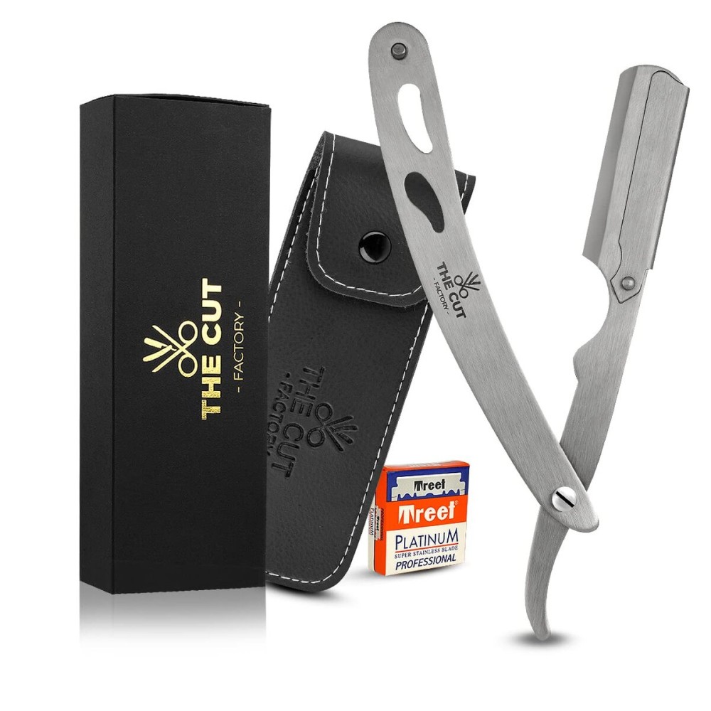 The Cut- Factory- Exquisite Line Straight Razors for Men with Ultra Sharp Single Edge Blades Premium Matte Silver Coated Barber Straight Razor with Leather Pouch and Gift Box