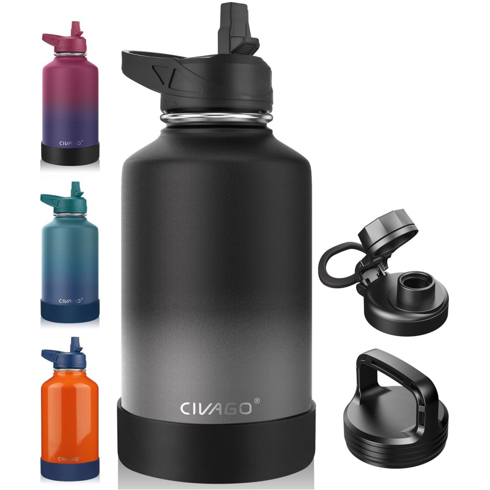 CIVAGO 64 oz Insulated Water Bottle With Straw, Half Gallon Stainless Steel Sports Water Flask Jug with 3 Lids (Straw, Spout and Handle Lid), Large Metal Thermal Cup Mug, Classic Omber Gray