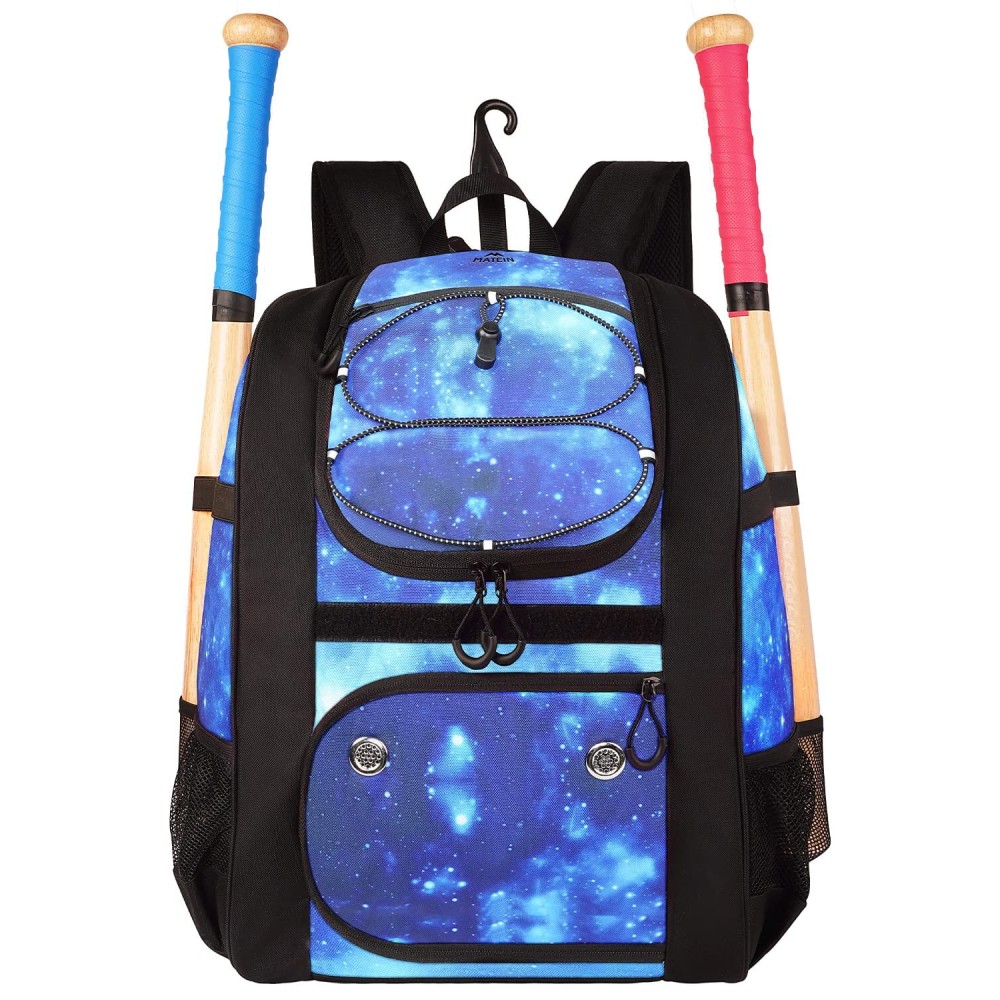MATEIN Baseball Bag for Boys, Youth Baseball Bat Backpack for Softball Equipment & Gear & Helmet, Softball Backpack Holds 4 Bat with Fence Hook and Separate Shoe Compartment, Galaxy Blue