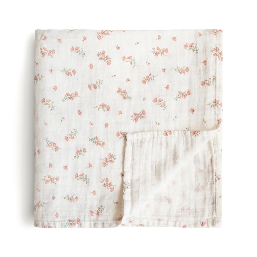 mushie Muslin Baby Swaddle Blanket | 100% Organic Cotton (Pink Flowers)