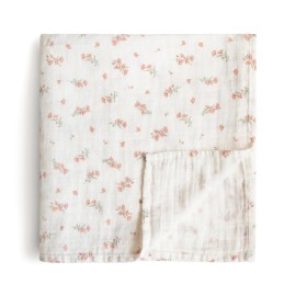 mushie Muslin Baby Swaddle Blanket | 100% Organic Cotton (Pink Flowers)