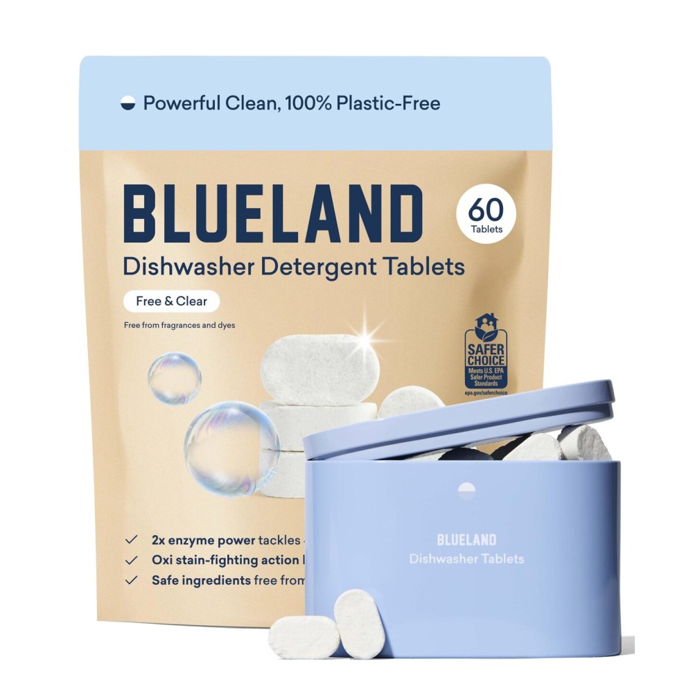 BLUELAND 100% Plastic-Free Dishwasher Detergent Tablets, Starter Set, 60 Count with tin, Free & Clear, Eco-Friendly Dishwashing Pods, Natural, USDA Certified biobased